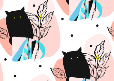 手绘制的矢量抽象派艺术创意作品插图无缝模式与黑色可爱的怪物，在晚上童话野生森林在明亮的蓝色及淡颜色，白色背景上孤立