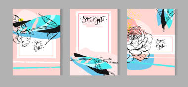 艺术创意通用卡集。手绘制的纹理。婚礼、 周年纪念、 生日、 情人节的时候，方。设计海报、 卡、 邀请、 标语牌、 小册子、 传单。矢量。分离