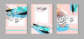 艺术创意通用卡集。手绘制的纹理。婚礼、 周年纪念、 生日、 情人节的时候，方。设计海报、 卡、 邀请、 标语牌、 小册子、 传单。矢量。分离