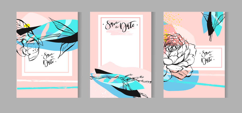 艺术创意通用卡集。手绘制的纹理。婚礼、 周年纪念、 生日、 情人节的时候，方。设计海报、 卡、 邀请、 标语牌、 小册子、 传单。矢量。分离