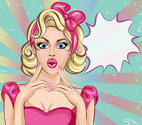 波普艺术漫画的风格感到惊讶的女人与讲话泡泡钉女孩画像，矢量图