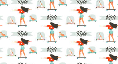 手繪矢量卡通畫夏季歡樂無縫圖案，年輕女孩騎在長板上，狗騎在滑板上，與白色背景隔離