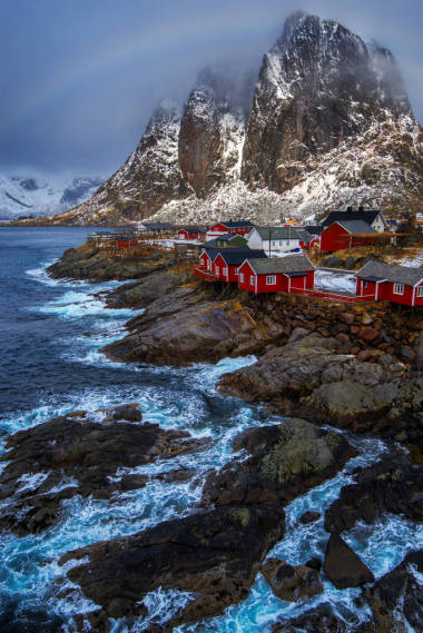 在冬天的時候的挪威羅弗敦群島的 Hamnoy 村