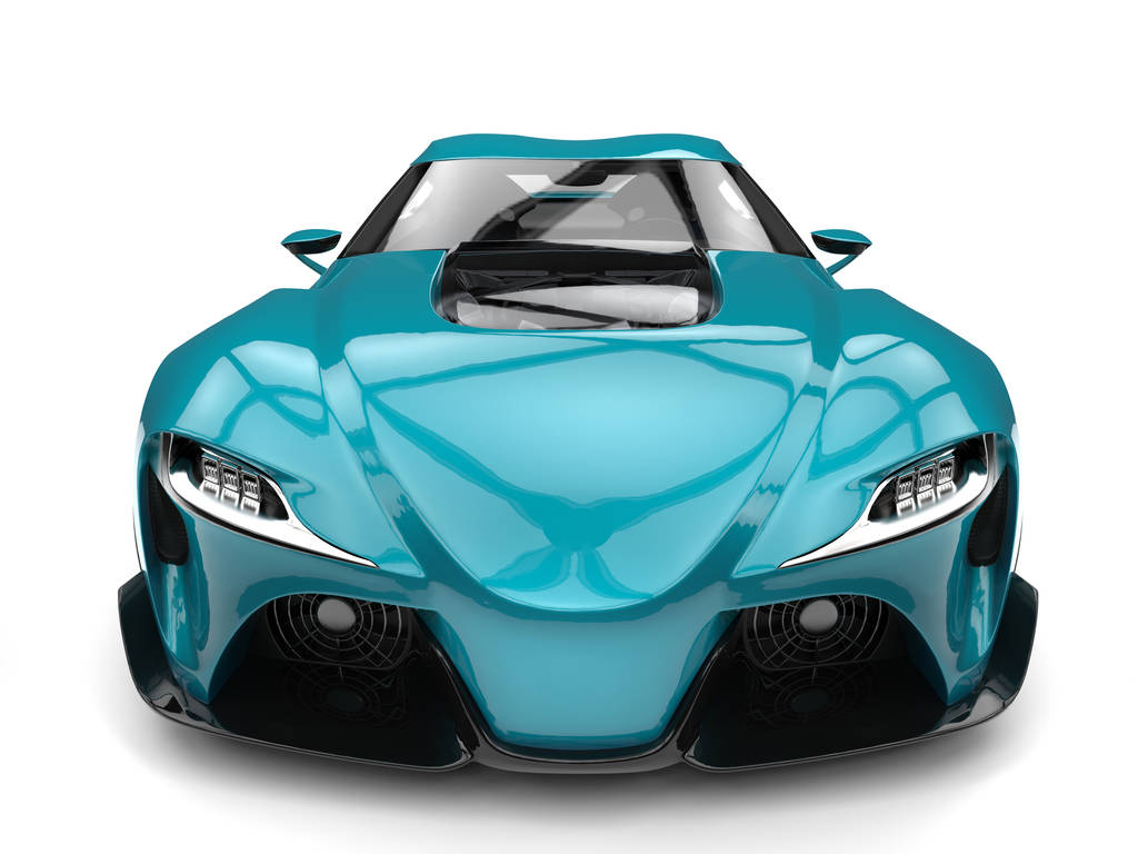 超级蓝绿色现代快速跑车-正面特写拍摄 超级蓝绿色现代快速跑车-正面特写拍摄