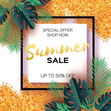 熱帶棕櫚葉、 植物。時髦的夏季銷售模板橫幅。剪紙藝術異國情調(diào)。夏威夷。文本。方形框架。綠色叢林花卉背景與金色亮片。龜背竹。矢量