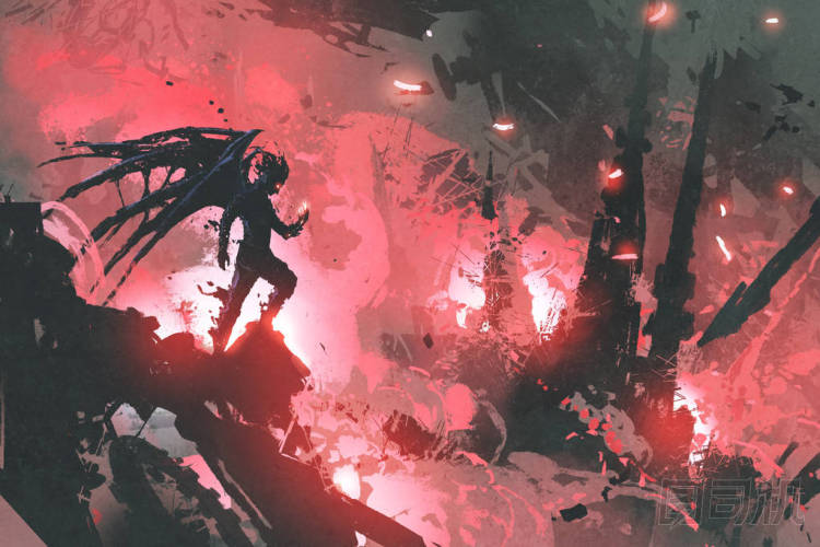 黑鬼站在反對燃燒的城市建筑的廢墟上