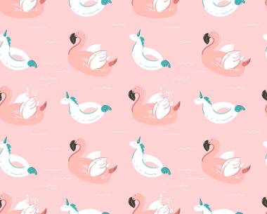 手绘矢量抽象夏季好玩无缝图案粉色火烈鸟浮游独角兽游泳池浮标圈孤立在彩色背景下