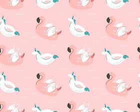 手绘矢量抽象夏季好玩无缝图案粉色火烈鸟浮游独角兽游泳池浮标圈孤立在彩色背景下