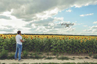 年輕人看著和導(dǎo)航飛行的無人機(jī)在清晰的藍(lán)天下