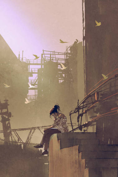 讀一本書，坐在樓梯上的女人