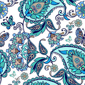 神奇花卉无缝点缀装饰蝴蝶。复古花无缝点缀在蓝色的颜色。织物，纺织，包装纸装饰背景