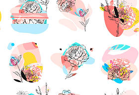 人工制作的矢量抽象纹理风格的有创意的无缝合线图案,牡丹花的花序在不同纹理和形状的白色背景上被分离出来