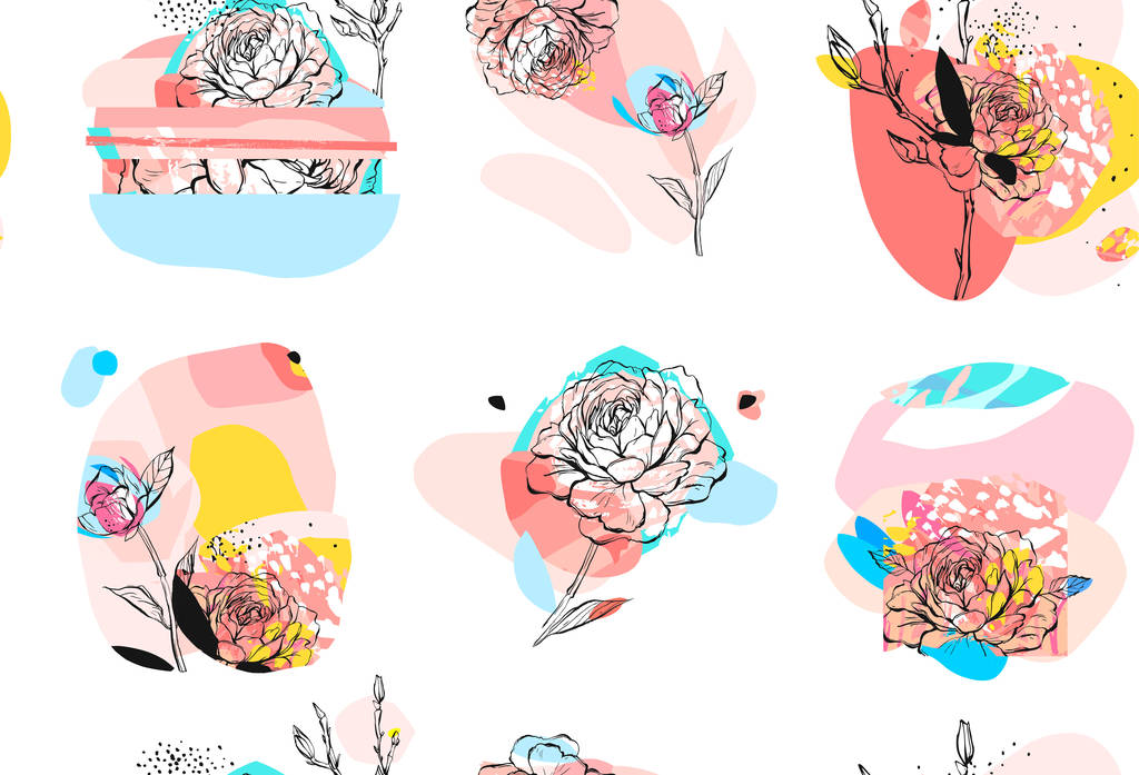 人工制作的矢量抽象纹理风格的有创意的无缝合线图案,牡丹花的花序在不同纹理和形状的白色背景上被分离出来 人工制作的矢量抽象纹理风格的有创意的无缝合线图案,牡丹花的花序在不同纹理和形状的白色背景上被分离出来