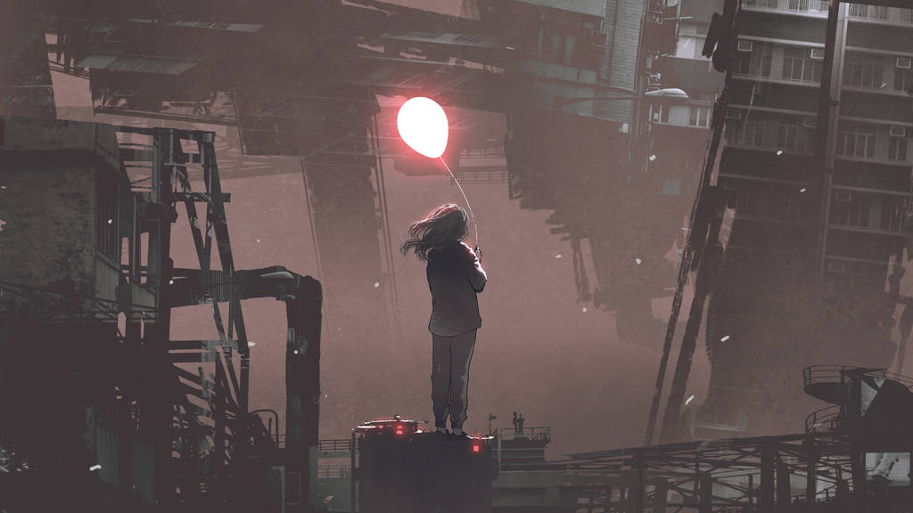 女人拿着发光的气球，在未来的城