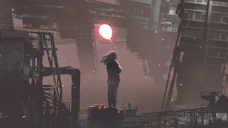 女人拿著發(fā)光的氣球，在未來的城