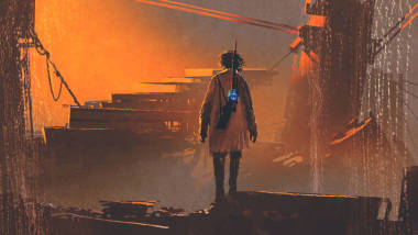 人與未來(lái)派槍站在廢棄的城市圖片