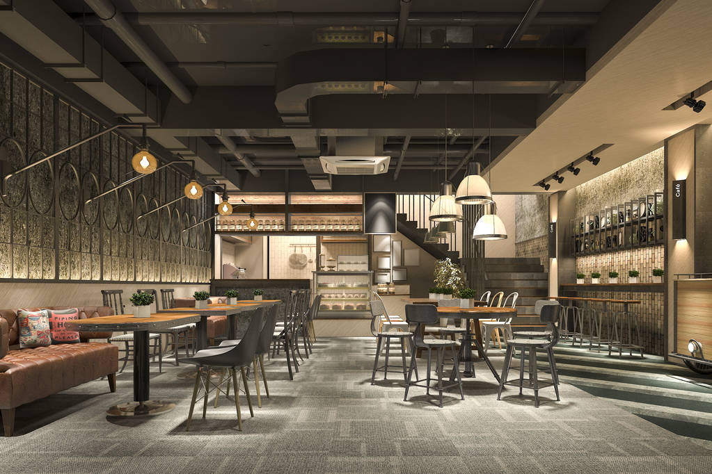 3d 渲染的阁楼和豪华酒店接待处和咖啡馆酒廊餐厅