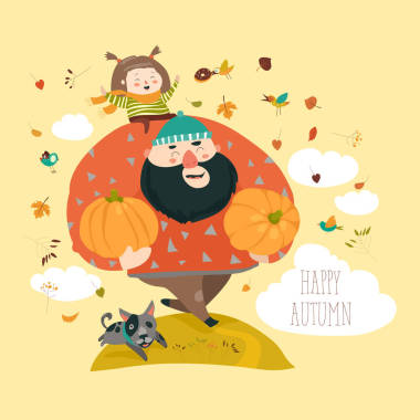 爸爸和他的女儿与南瓜