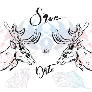 手绘制的矢量抽象现代时髦简约乡下人用鹿组成蜡笔颜色保存日期卡模板。设计海报、 卡、 邀请、 小册子、 心魔