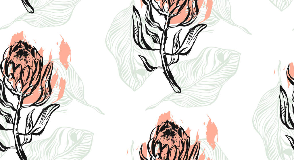 手绘矢量图形抽象纹理无缝模式与普罗蒂亚。花卉图案的包装、 壁纸、 织物、 纺织