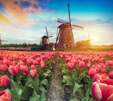 在风车村，教科文组织世界遗产站点，Alblasserdam，荷兰的温暖和多云日落