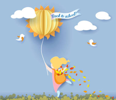 回到學校卡片與女孩、 葉子和太陽