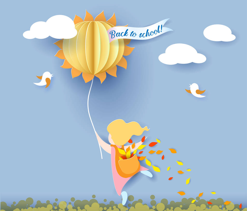 回到学校卡片与女孩、 叶子和太阳 回到学校卡片与女孩、 叶子和太阳