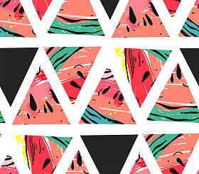 手绘矢量抽象拼贴无缝图案与西瓜图案和三角河马形状分离的白色背景
