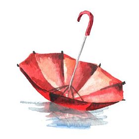在白色背景上分离出一个水坑的红伞。水彩插图