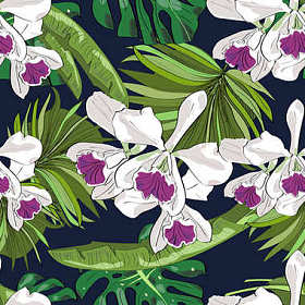 无缝矢量模式的异国风情手绘花和叶子。热带的背景