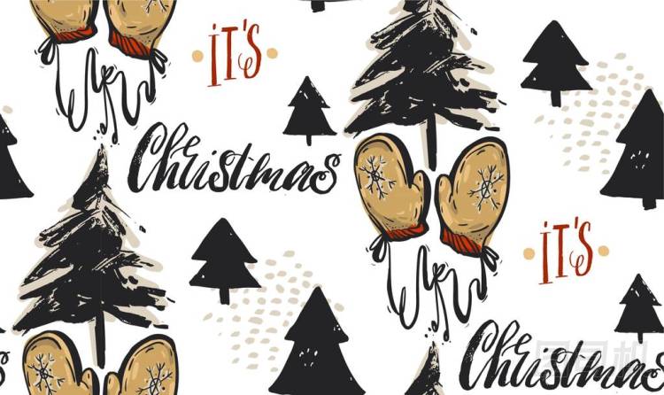 手繪制的矢量抽象圣誕問候無縫與圣誕樹花紋，手寫的現(xiàn)代 calligraphyc 相它 s 圣誕節(jié)和孤立的白色背景上的圣誕手套