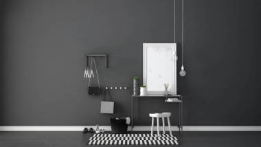 斯堪的納維亞的入口大堂與桌子、 凳子、 地毯和 m