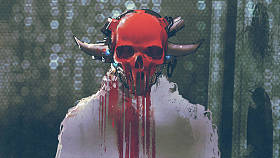 未来派字符与熔化红色骷髅面具