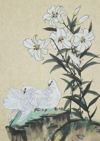 兩個白色的鴿子和一朵白色的百合花