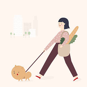 遛狗在一个城市中的女孩