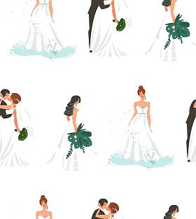 手绘矢量抽象漫画婚礼婚礼新娘和夫妇插图无缝图案印制电路在白色背景上隔离