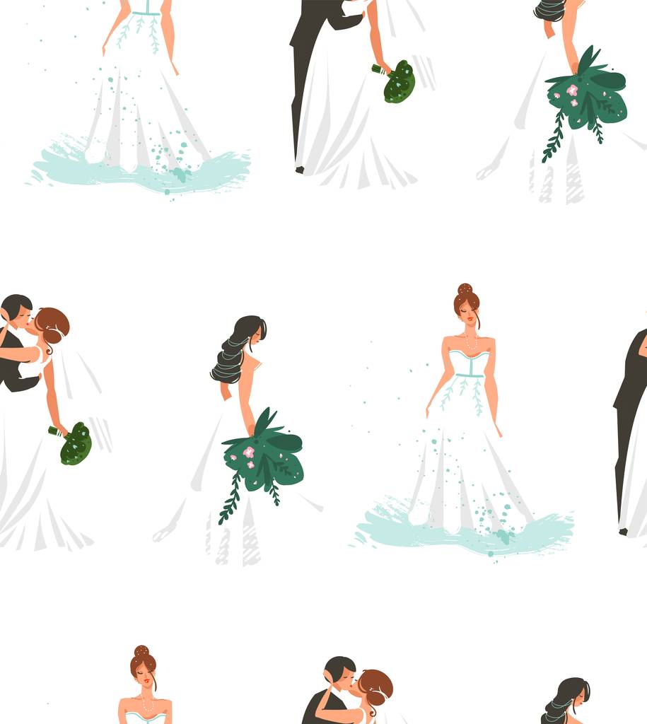 手绘矢量抽象漫画婚礼婚礼新娘和夫妇插图无缝图案印制电路在白色背景上隔离 手绘矢量抽象漫画婚礼婚礼新娘和夫妇插图无缝图案印制电路在白色背景上隔离