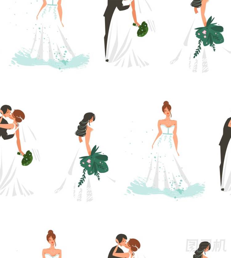 手繪矢量抽象漫畫(huà)婚禮婚禮新娘和夫婦插圖無(wú)縫圖案印制電路在白色背景上隔離