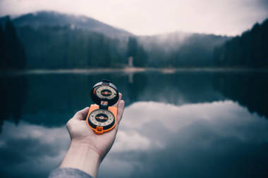 指南针在山湖背景手牵手图片