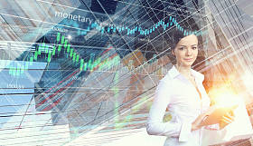 女商人和现代城市的背景。混合媒体