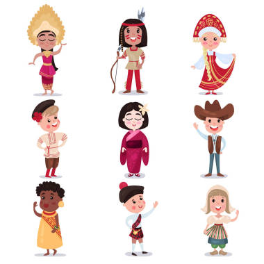 不同國(guó)家的民族服裝的孩子設(shè)置，可愛(ài)的男孩和女孩在傳統(tǒng)衣服炫彩矢量插圖