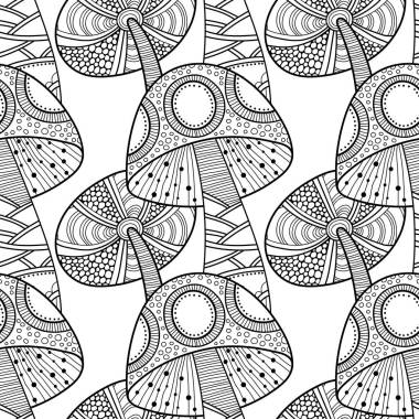 蘑菇。黑色和白色插畫(huà)、 無(wú)縫模式為著色頁(yè)的書(shū)