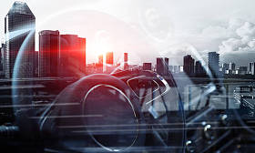 关闭的优雅的汽车。混合媒体