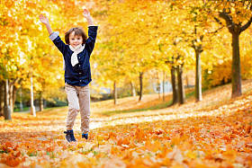 快乐的孩子，男孩，在公园里玩扔树叶，玩 