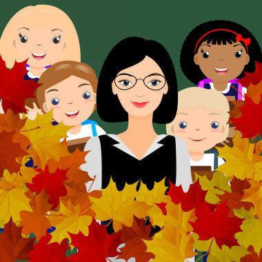 年輕的女老師和孩子學(xué)生在綠色黑板