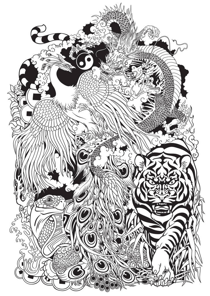 黑色和白色的四个天体动物插图 黑色和白色的四个天体动物插图