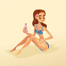 快乐微笑的女人性格，在海滩上自己涂上防晒霜。矢量平面卡通插画