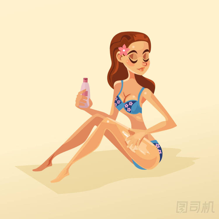 快樂微笑的女人性格，在海灘上自己涂上防曬霜。矢量平面卡通插畫