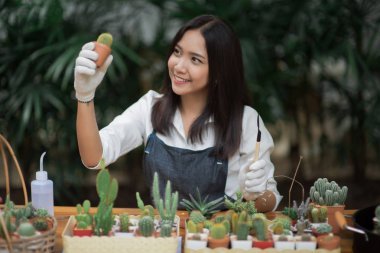 在花盆里種植的小仙人球的肖像年輕亞洲女孩