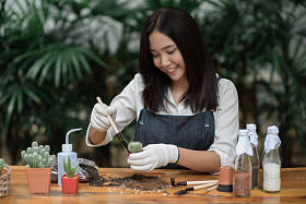 在花盆里种植的小仙人球的肖像年轻亚洲女孩